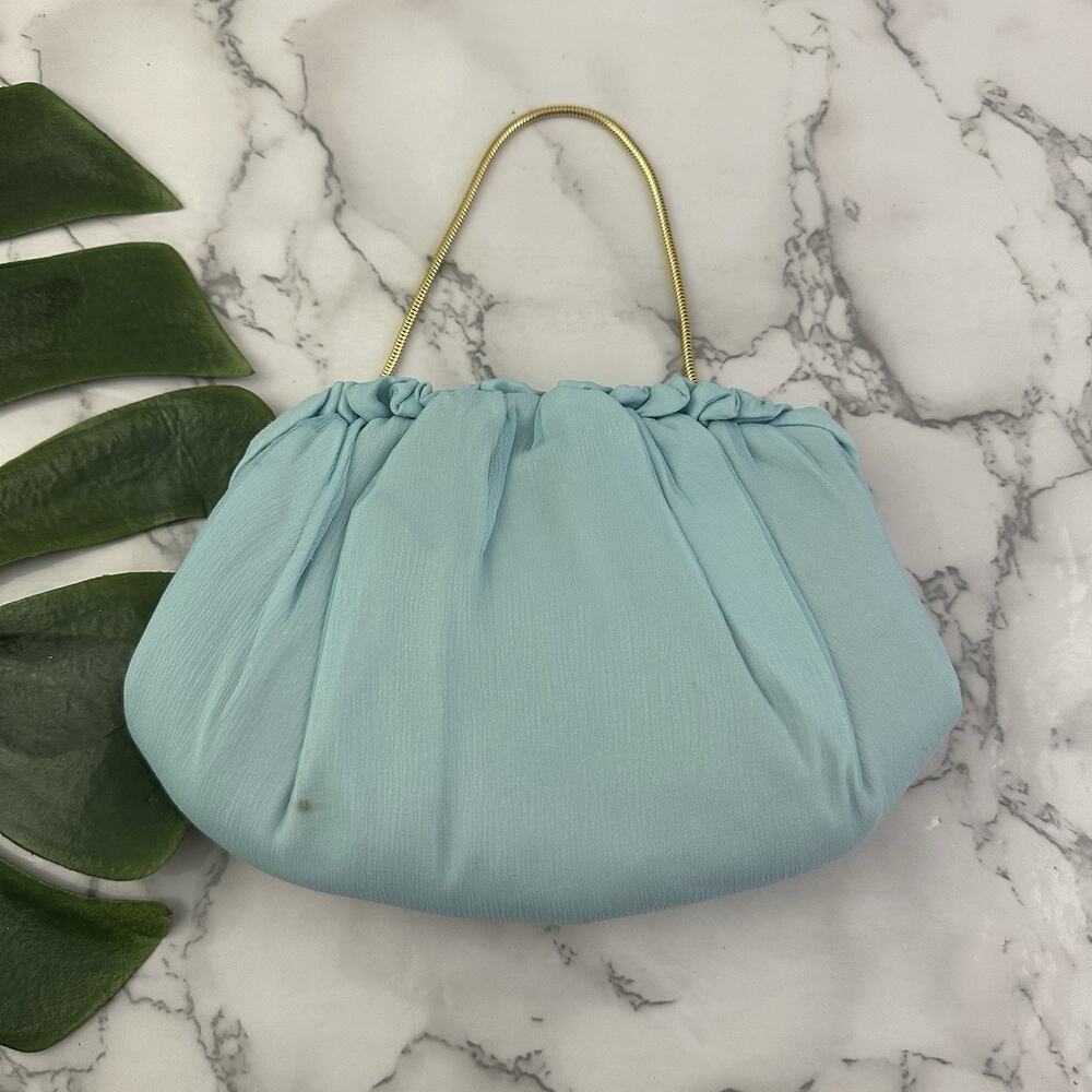 HL Vintage 50s Chiffon Clutch Handbag Purse Pastel Blue Kiss Lock Frame Evening
